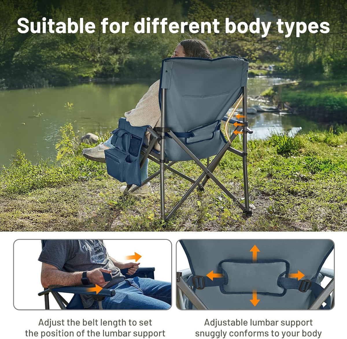 TIMBER RIDGE Oversized Folding Camping Chair with Lumbar Support Adjustable High Back Heavy Duty for Adults Support up to 500lbs with Cup Holder, Cooler Bag, Side Pocket, Grey