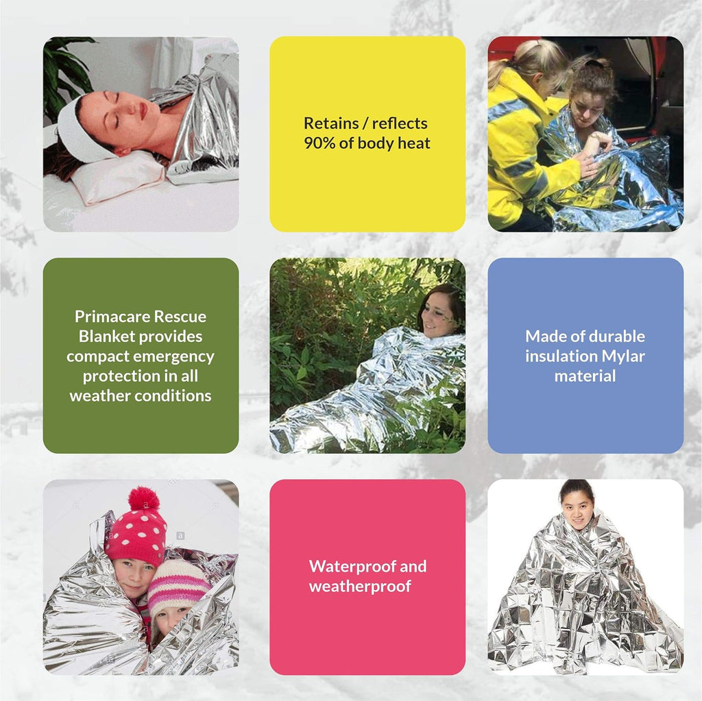 Primacare HB-10 Emergency Mylar Thermal Blankets – 10 Pack, 84" x 52", Silver – Reflective, Waterproof, Retains 90% Body Heat – for Survival, First Aid, Outdoors, Camping, EMS