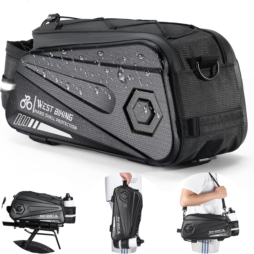 West Biking Bike Rear Seat Bag, Double Water Resistant, Zipper, Bicycle Trunk Pannier, 8.6L Capacity Waterproof Backseat Carrier Cargo Pouch with Strap & Rain Cover For Cycling