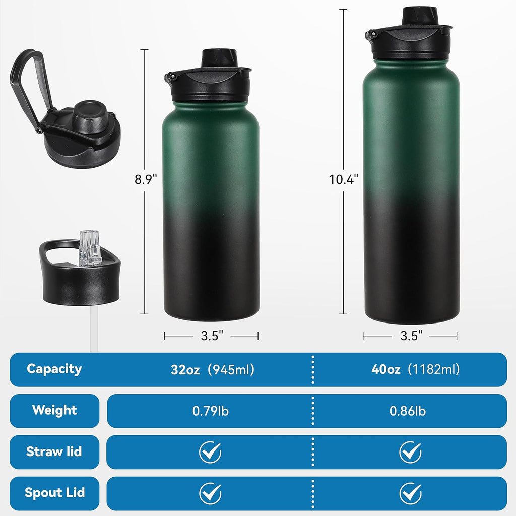 VEGOND 40 oz Insulated Water Bottle Bulk Stainless Steel Metal Water Bottles with Leak Proof Straw Lid & Spout Lid, Wide Mouth Double Walled Vacuum Travel Sports Bottle, 4 Pack
