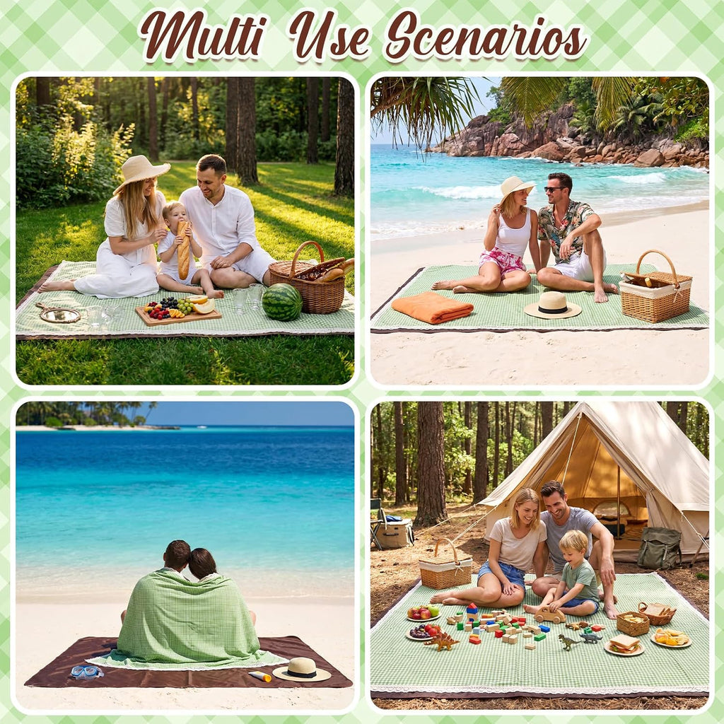 VitalCozy Gingham Picnic Blankets 59x78 in Outdoor Waterproof, Green White