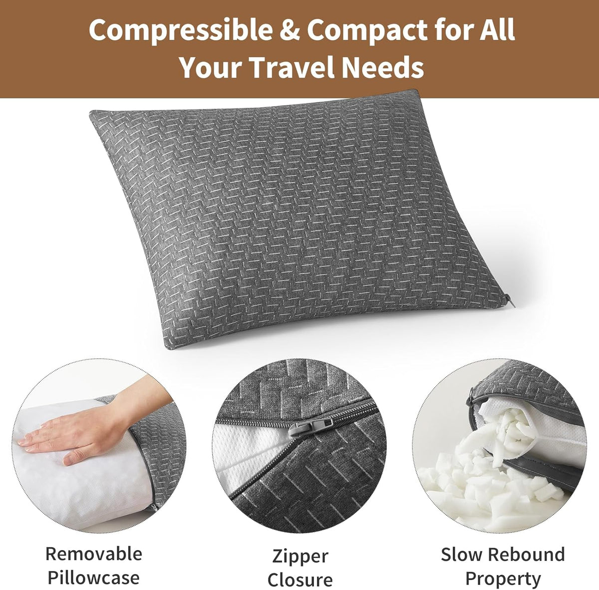 Travel Pillow Compressible Camping Memory Foam Pillow - Dark Grey M Size, Light Grey S Size, Ideal Backpacking, Airplane and Car