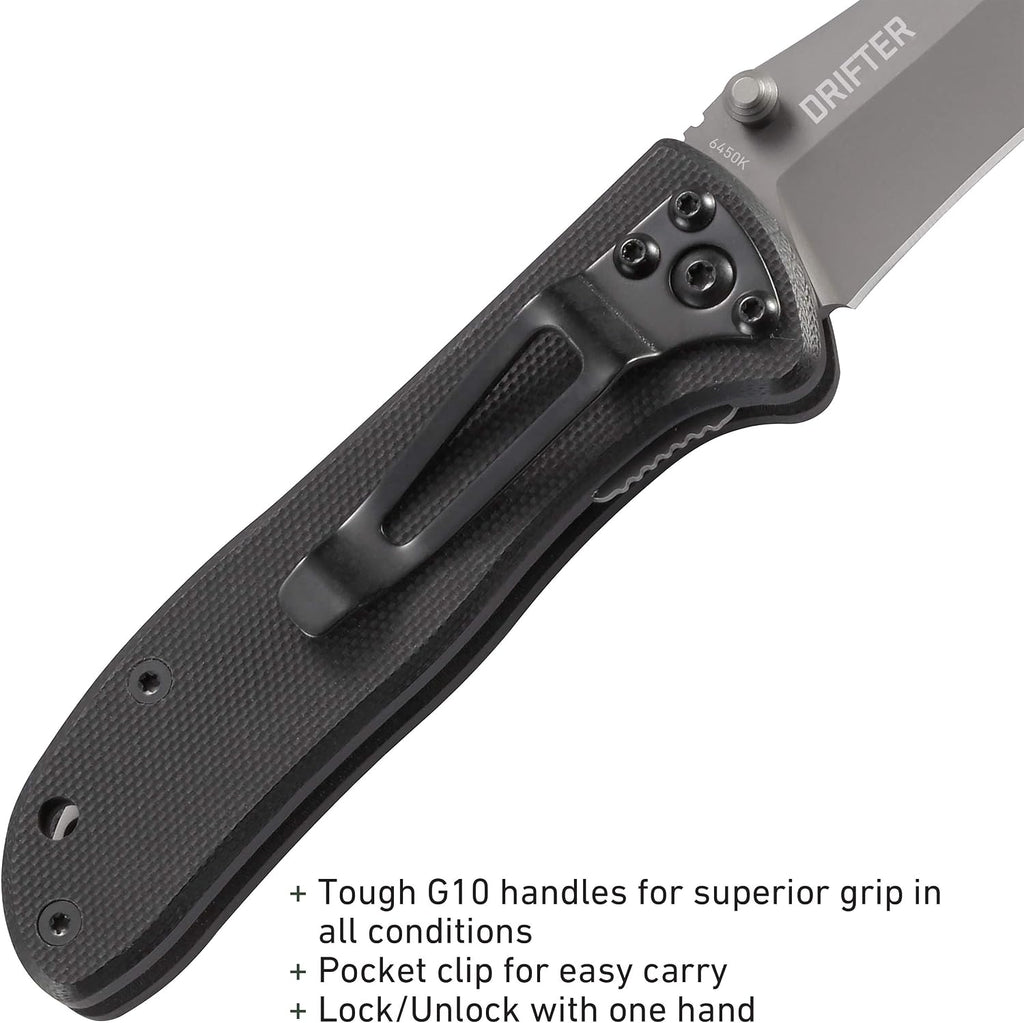 CRKT Drifter Everyday Carry EDC Pocket Folding Knife with Liner Lock: Stainless Steel Plain Edge Blade, G10 Handle, Pocket Clip, 6450K