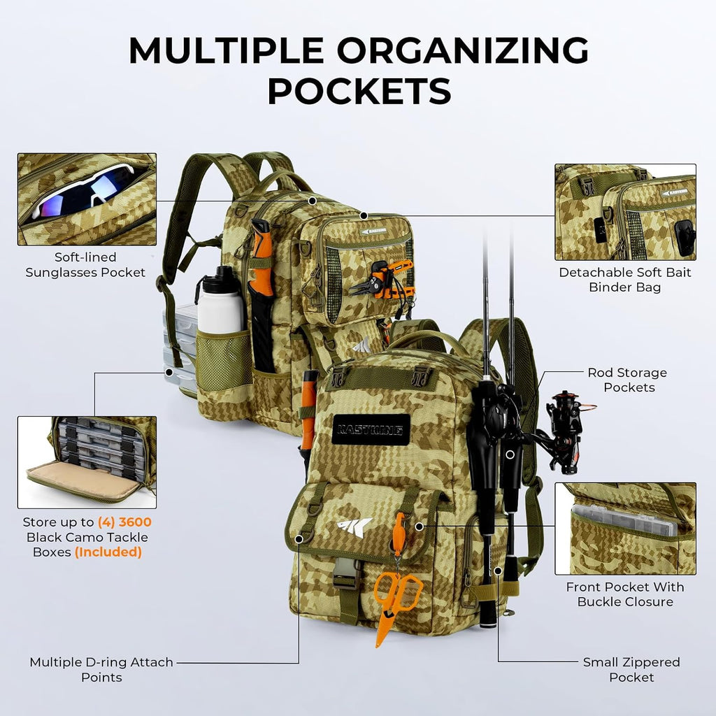 KastKing BaitSpace Fishing Tackle Backpack with Removable Bait Binder,2 Rod Holders Storage Fishing Gear and Equipment