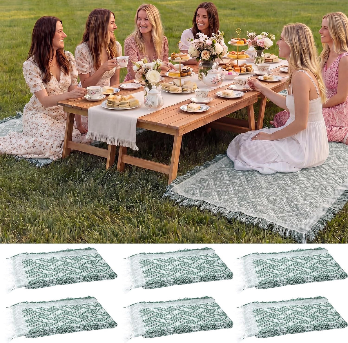 Frienda 6 Pcs Large Boho Outdoor Picnic Blanket 70" x 35" Chic Woven Cotton Yarn Beach Blanket with Fringe Washable Sandproof Portable for Picnic Camping Travel Lawn Bohemian Decor (Trendy,Green)