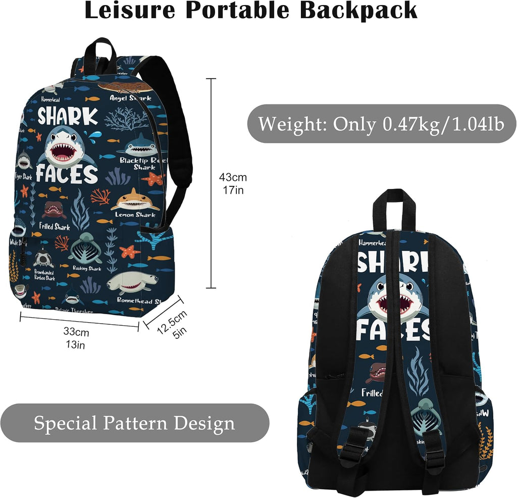 Funny Shark Faces School Backpack for Boys Girls, Shark Backpack for School Kids Bookbag, 17 Inch Ocean Animals Theme Laptop Back Pack for Travel Hiking Camping