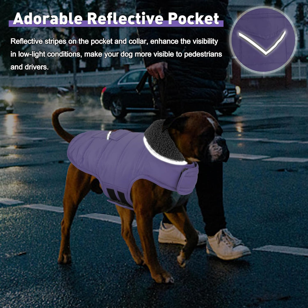 Petglad Dog Coat, Waterproof Dog Winter Jacket with Pocket, Reflective Adjustable Pet Snow Vest, Warm Cozy Fleece Sweater for Small Medium Extra Large Dogs - Light Purple, XS