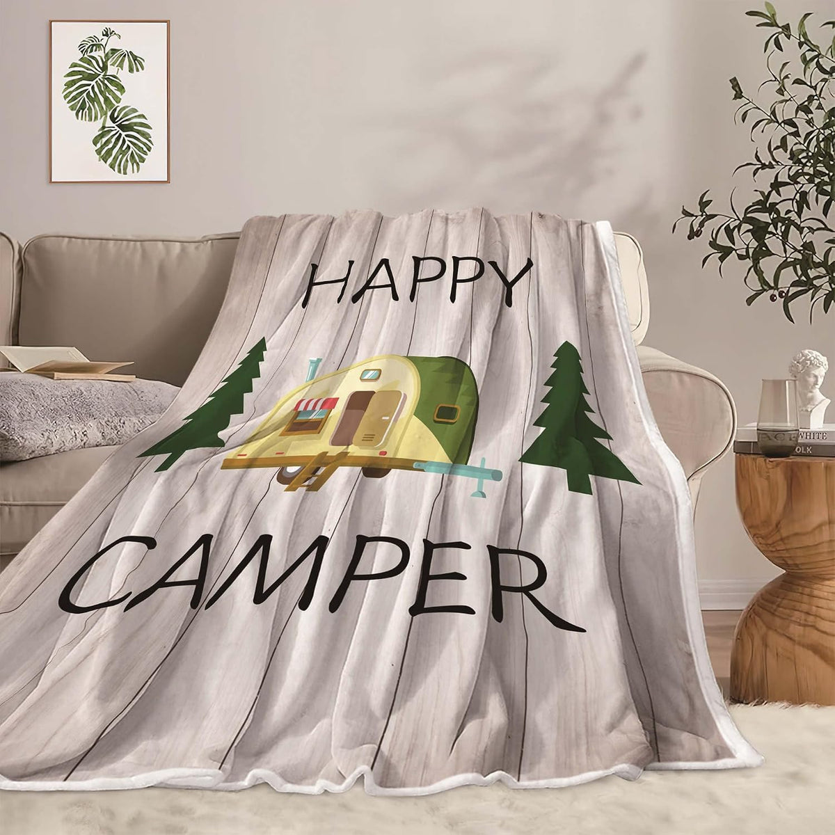 Camping Throw Blanket, Camping Gifts for Camper Outdoor Travel Trailer Blanket, Super Soft Comfy Fleece Flannel Throws Blankets for Couch Bed Sofa Living Room Bedroom Decor Grey 50x60 Inch