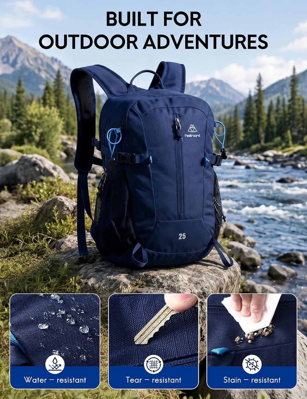 Haimont 25L Lightweight Hiking Daypack with Rain Cover, Navy Blue