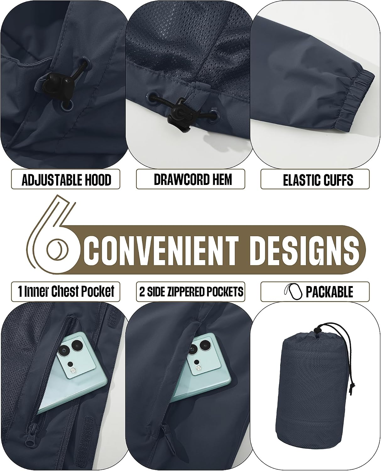 33,000ft Men's Waterproof Rain Jacket Packable Lightweight Hood Rain Shell