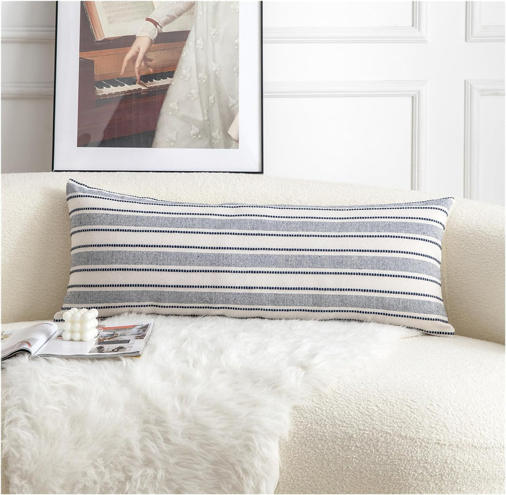 Cethom Decorative Boho Throw Pillow Covers, Farmhouse Textured Pillow Case, 18 x 18 Inch Set of 2, Chair Sofa Bedroom Living Room Home Decor Couch Cushion Case, Grey and Beige Striped