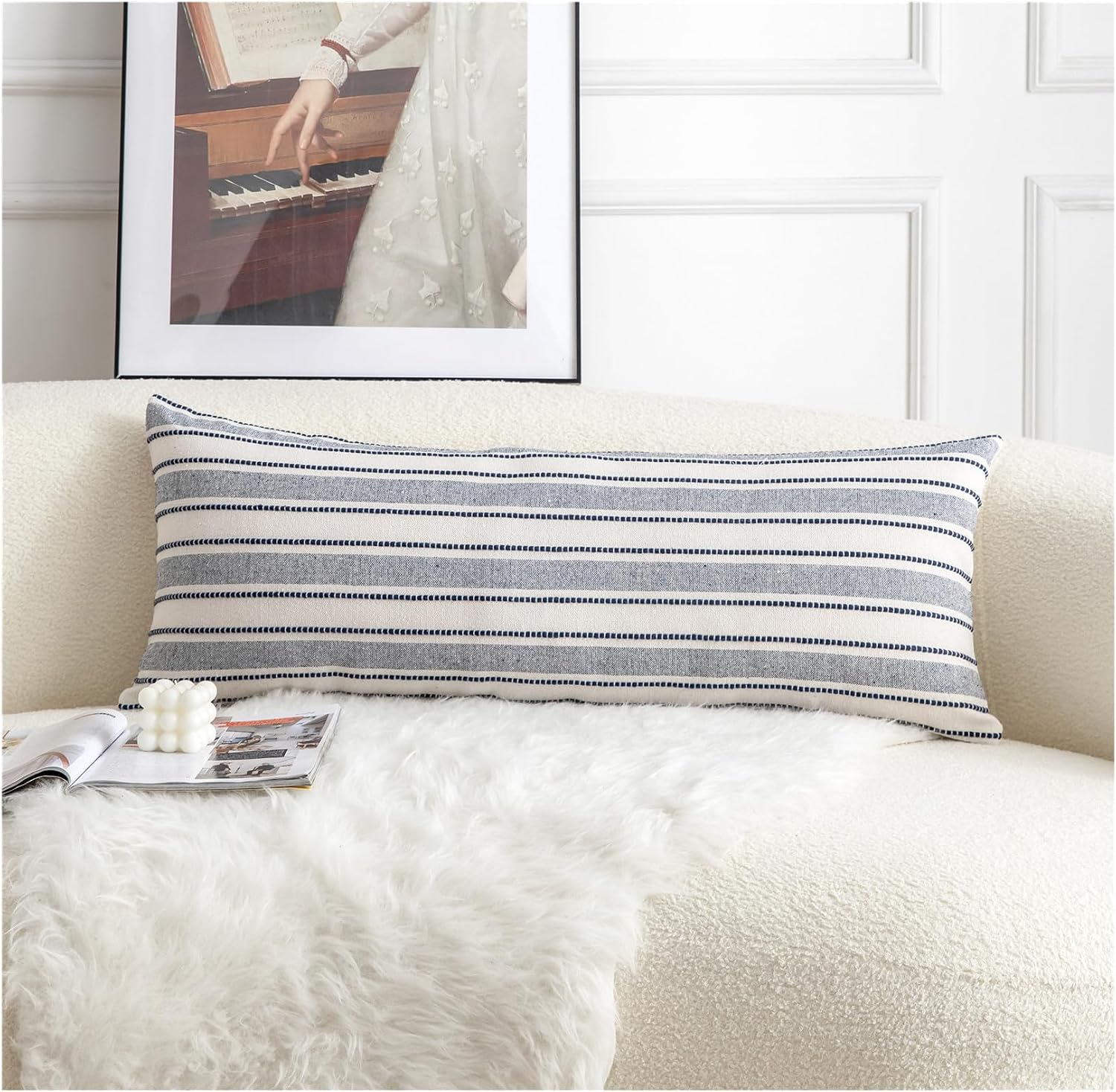 Cethom Decorative Boho Throw Pillow Covers, Farmhouse Textured Pillow Case, 18 x 18 Inch Set of 2, Chair Sofa Bedroom Living Room Home Decor Couch Cushion Case, Grey and Beige Striped