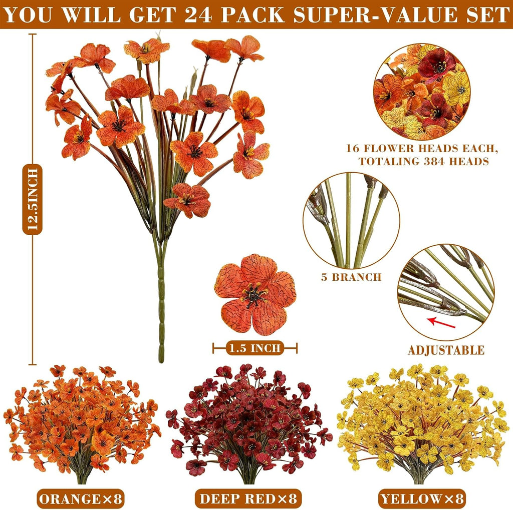 24 Bundles Fall Artificial Flowers for Outdoors Fall Decor UV Resistant