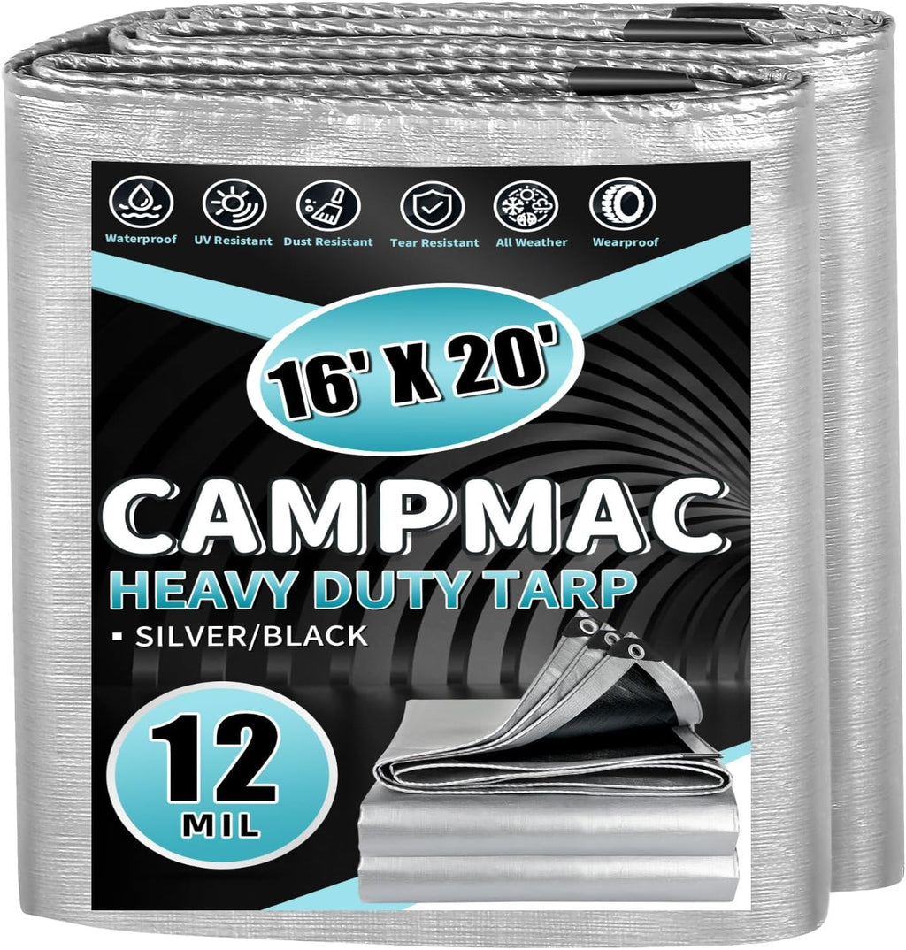 Tarps Heavy Duty Waterproof 12x16 Ft, 10 Mil Thick, High Durability, Rip, UV Resistant and Tear Resistant with Metal Gromets Every 20 Inches (Silver/Brown - Reversible)