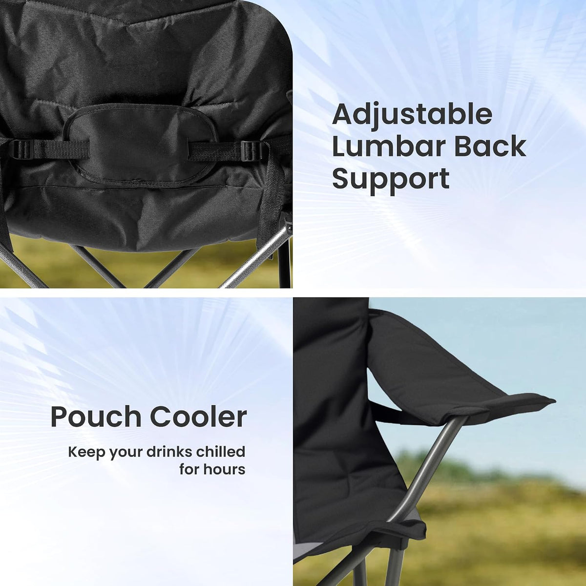 2 Pack Folding Camping Chairs for Adults - High Back Padded Outdoor Lawn Chairs with Lumbar Support & Cup Holder, 400lbs Heavy Duty Portable Camping Chairs Set (Black & Gray, 2 PCS)