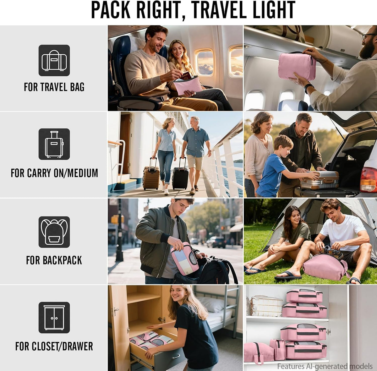 Veken 8 Set Packing Cubes for Travel Essentials,Anti-Wrinkle Buckled Suitcase Organizer for Shoe & Toiletry Bag,Carry On Luggage Bag with 99+ Count Mesh Holes for Airplane & College Dorm Accessories