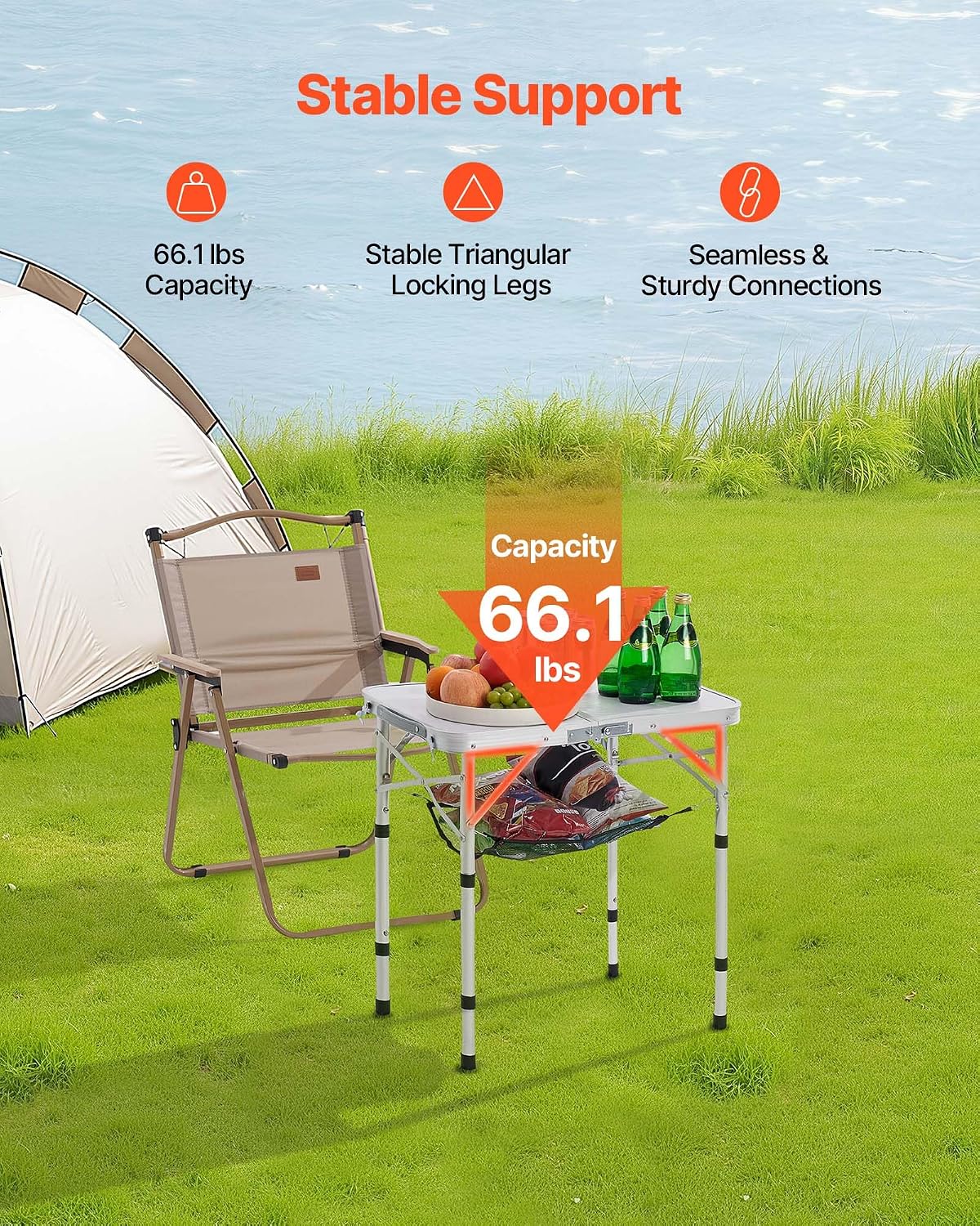 VEVOR Folding Camping Table, Adjustable Height Aluminum MDF Outdoor Portable Lightweight, for Cooking, Beach, Picnic, Travel, 24 x 16 inch