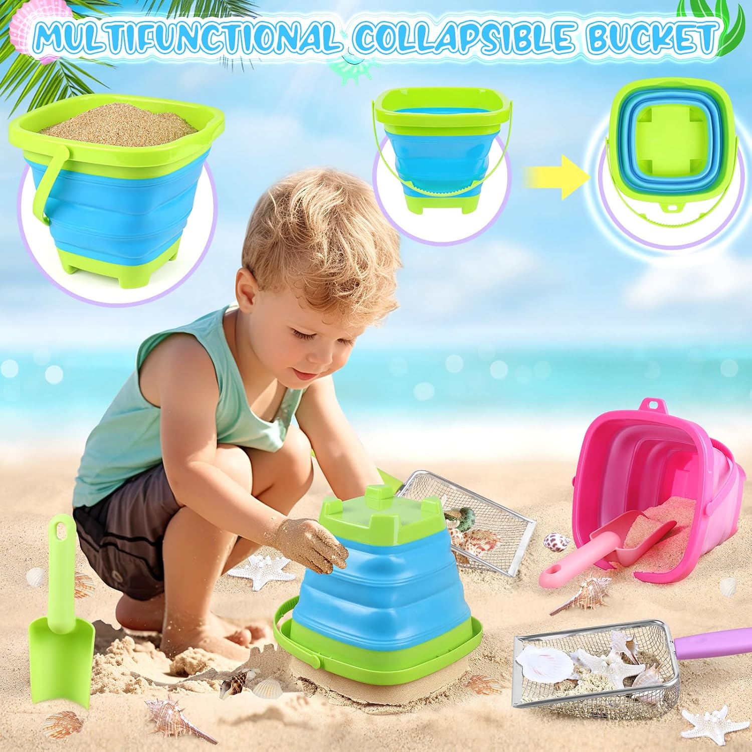 FHOZGECY 2 Pack Beachcombing Kit with Sifters for Beach Vacation Essentials | Collapsible Buckets, Stainless Mesh Sifters, Scoops and Mesh Bags for Shelling, Outdoor Exploration Play for Kids Ages 3-12
