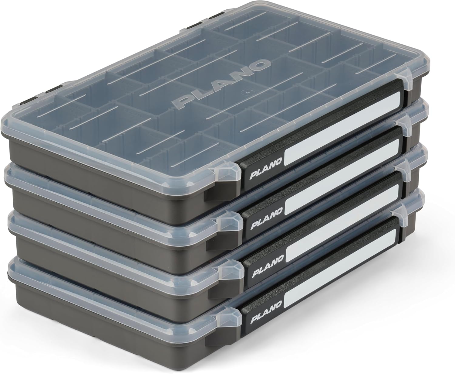 Plano StowAway 3700 Stow Tackle Box, 4 Pack, with Corrosion-Preventive Rustricor, Single Latch Design, Transparent DuraView Lid, Stackable Storage for Fishing Bait, Lures and Gear
