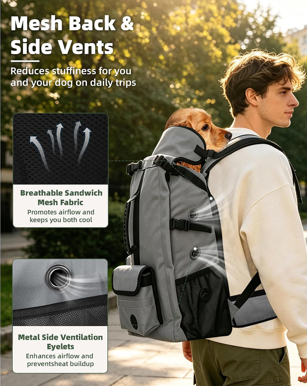 Breathable Dog Hiking Backpack Carrier for Medium Dogs, Grey