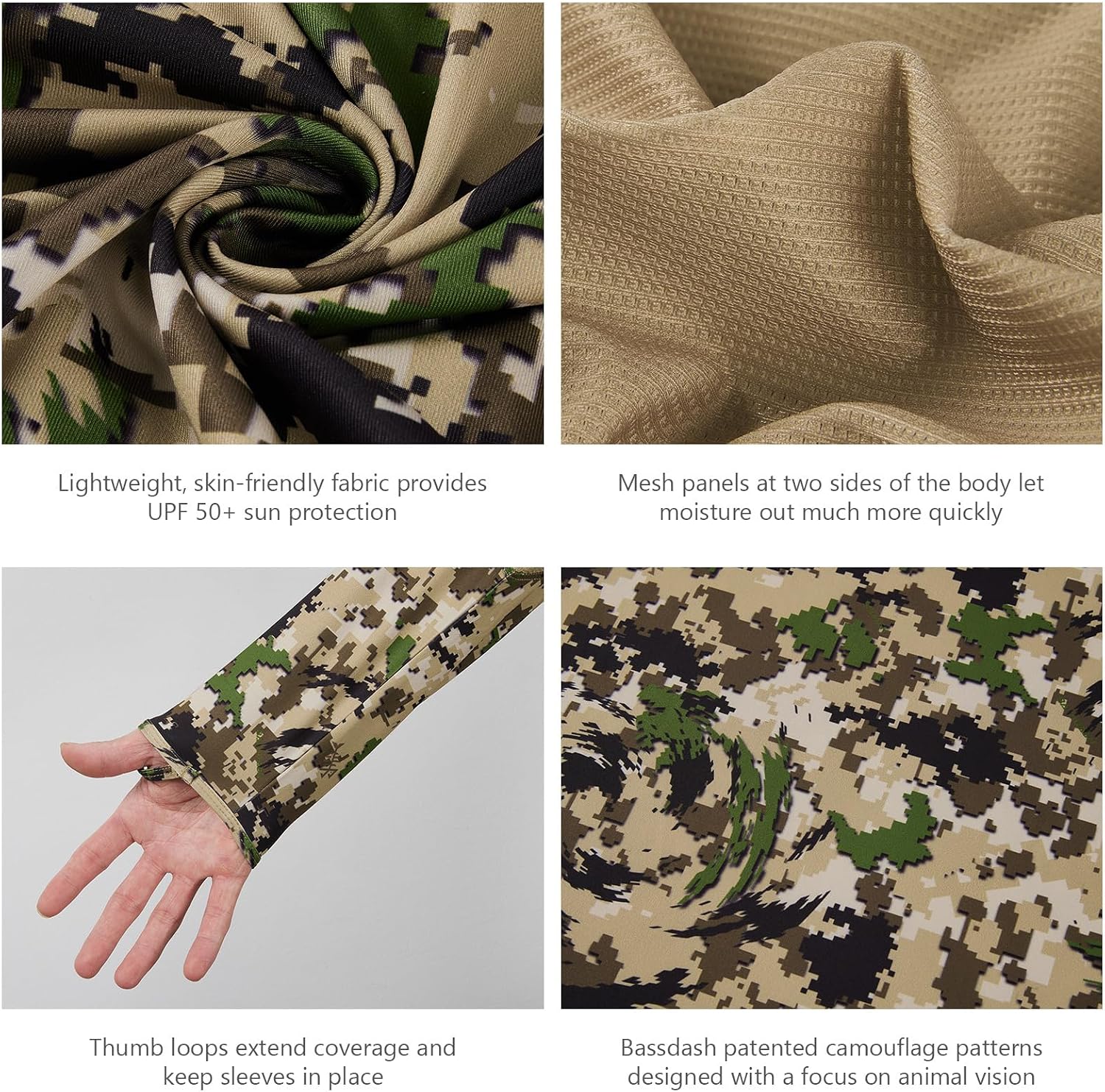 BASSDASH Men's UPF 50+ Lightweight Hunting Camo Hoodie Quick Dry Performance Long Sleeve Fishing Shirt with Hood FS30M