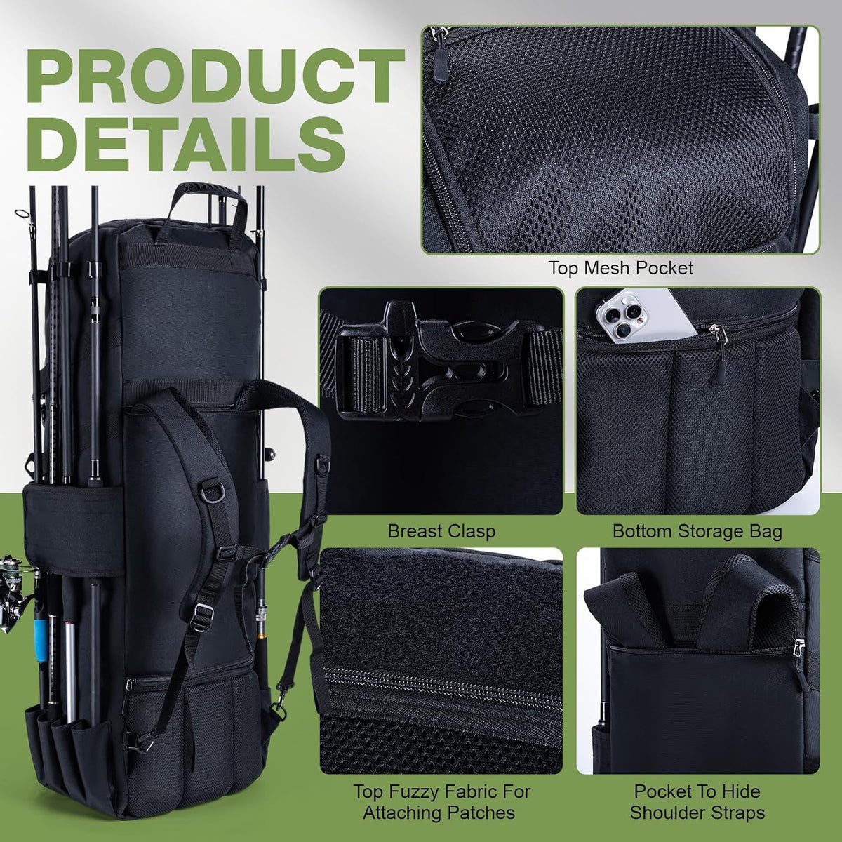 Goture 61L Large Fishing Backpack Tackle Bag, 3-Layer with 6 Tackle Boxes Included