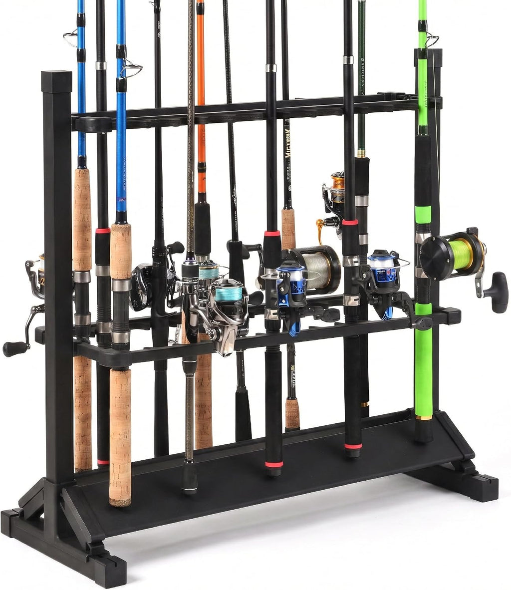 24-Rod Aluminum Fishing Rod/Pole Holder, Rustproof Fishing Rod Rack with 360° Lockable Wheels, Multi-Functional Storage Organizer for Garage & Home, Fits Most Rods & Golf Clubs (White)