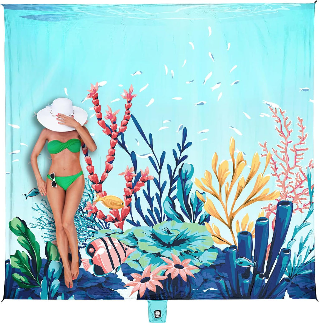 WEKAPO Beach Blanket Waterproof Sandproof Oversized, Extra Large Beach Mat Sand Free, Lightweight & Compact Sand Free Mat with 5 Stakes & 4 Corner Pockets