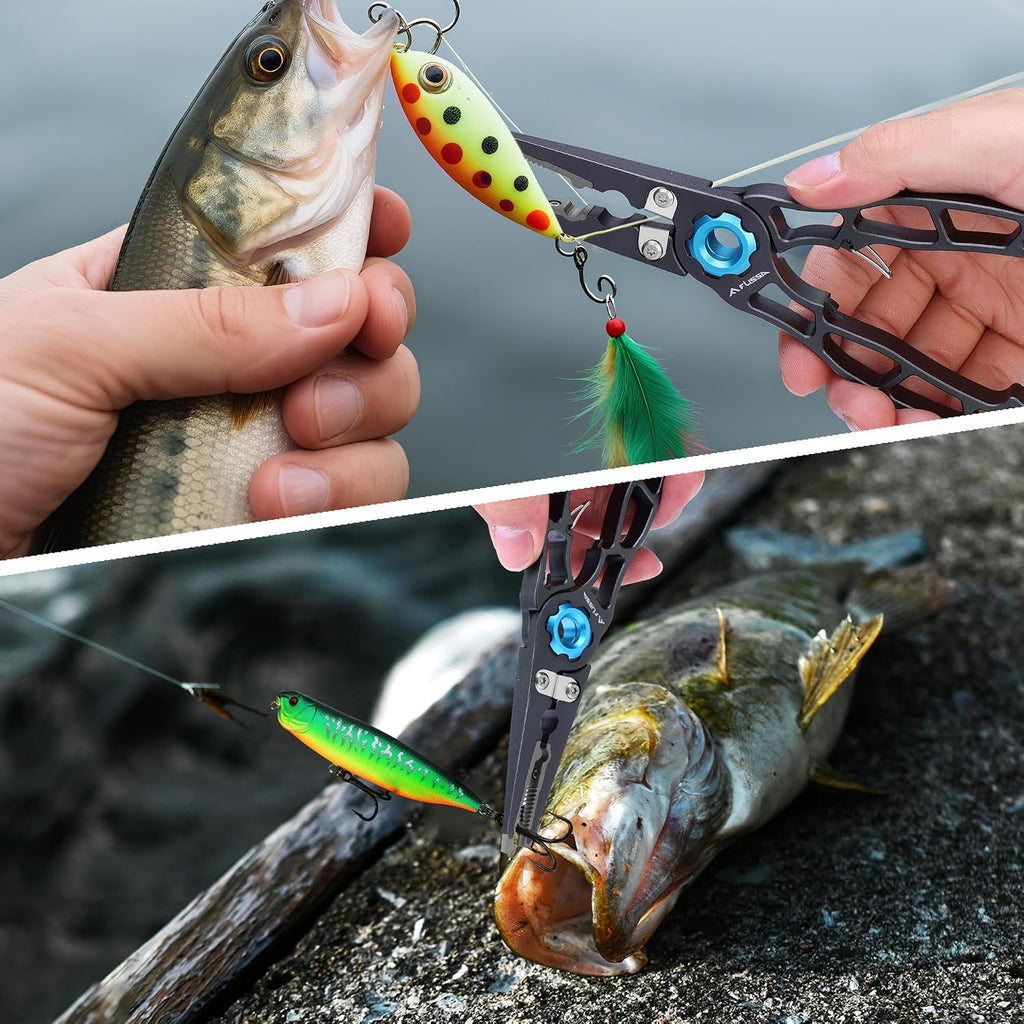 FLISSA Fishing Pliers, Safety Lock Design Fish Pliers Saltwater, Aluminum Hook Remover, Titanium 6Al-4V Jaw and Tungsten Carbide Line Cutters, Sheath & Lanyard, Fishing Gear Gifts for Men