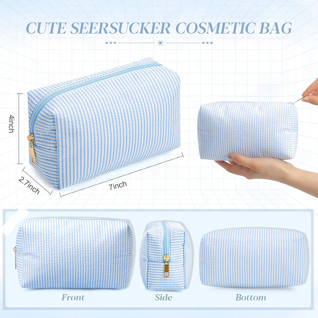 Sanwuta 6 Pcs Seersucker Cosmetic Bags Bulk, Striped Zippered,Light Blue