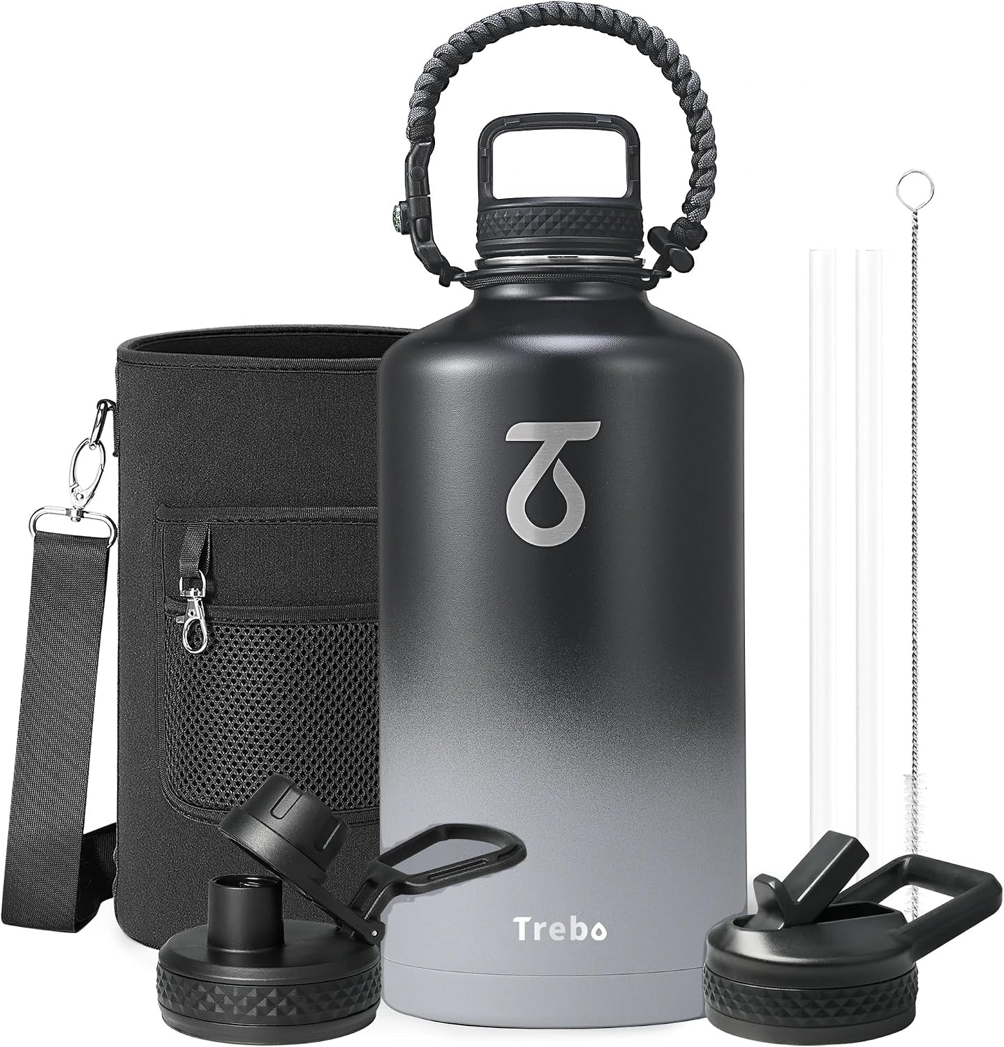 Trebo One Gallon Water Bottle Insulated with 3 Lids, Paracord Handle & Bag