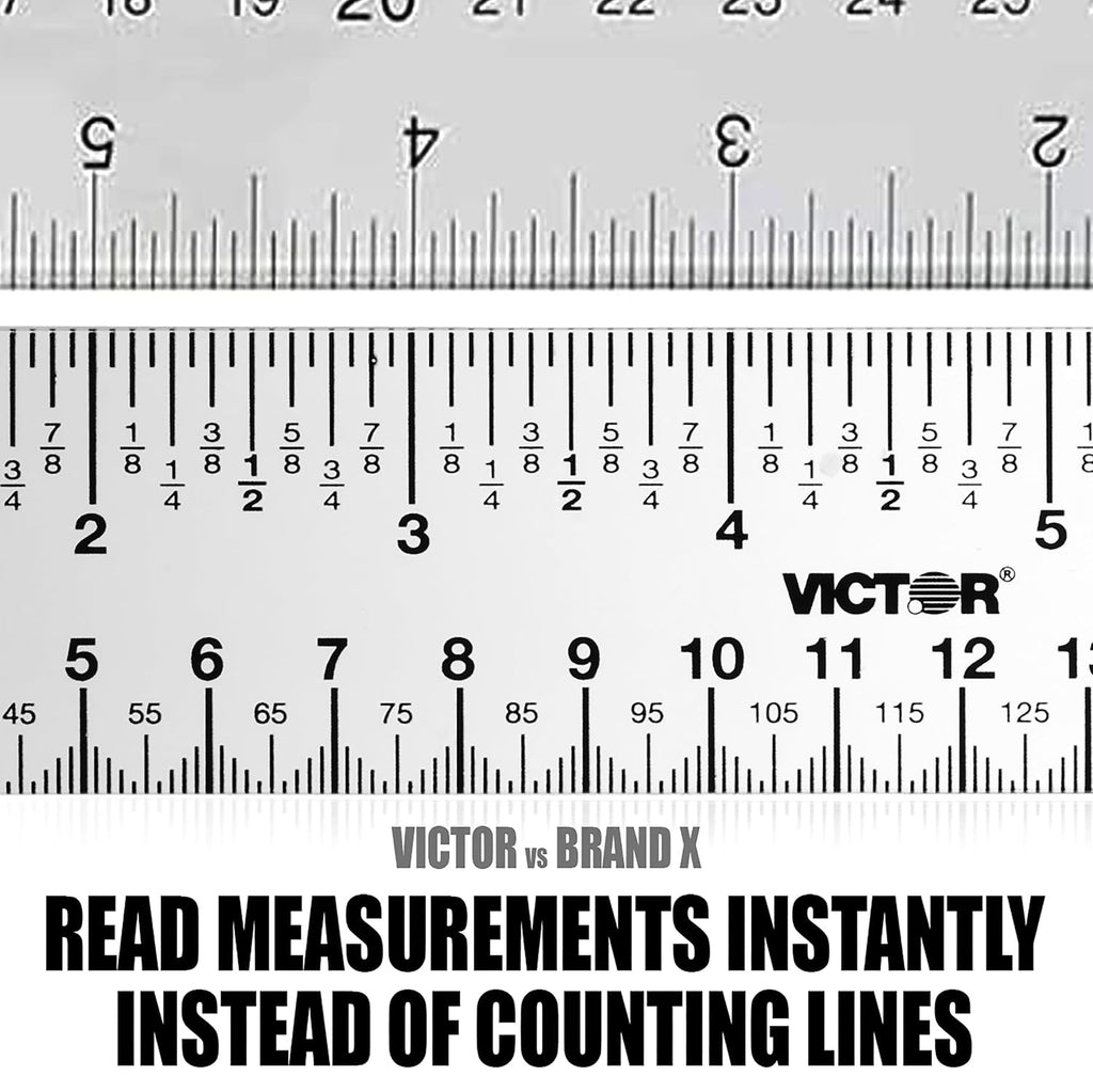 Victor Easy Read 12-Inch Flexible Clear Plastic Ruler, 1/16 Inch Fractions and Metric Scale Markings, Shatterproof Transparent Measuring Tool for School, Office, Crafts, Sewing and DIY