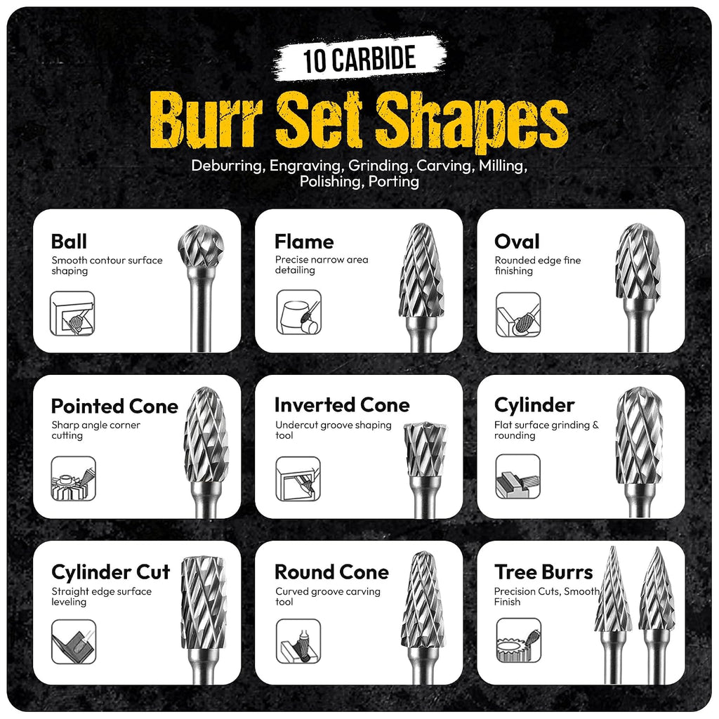10Pcs Carbide Burr Set - 1/8" Shank Tungsten Die Grinder Bits, Double Cut - Compatible with Dremel & Milwaukee - Cutting, Engraving, Deburring - Rasp Accessories - Metal, Steel, Aluminum