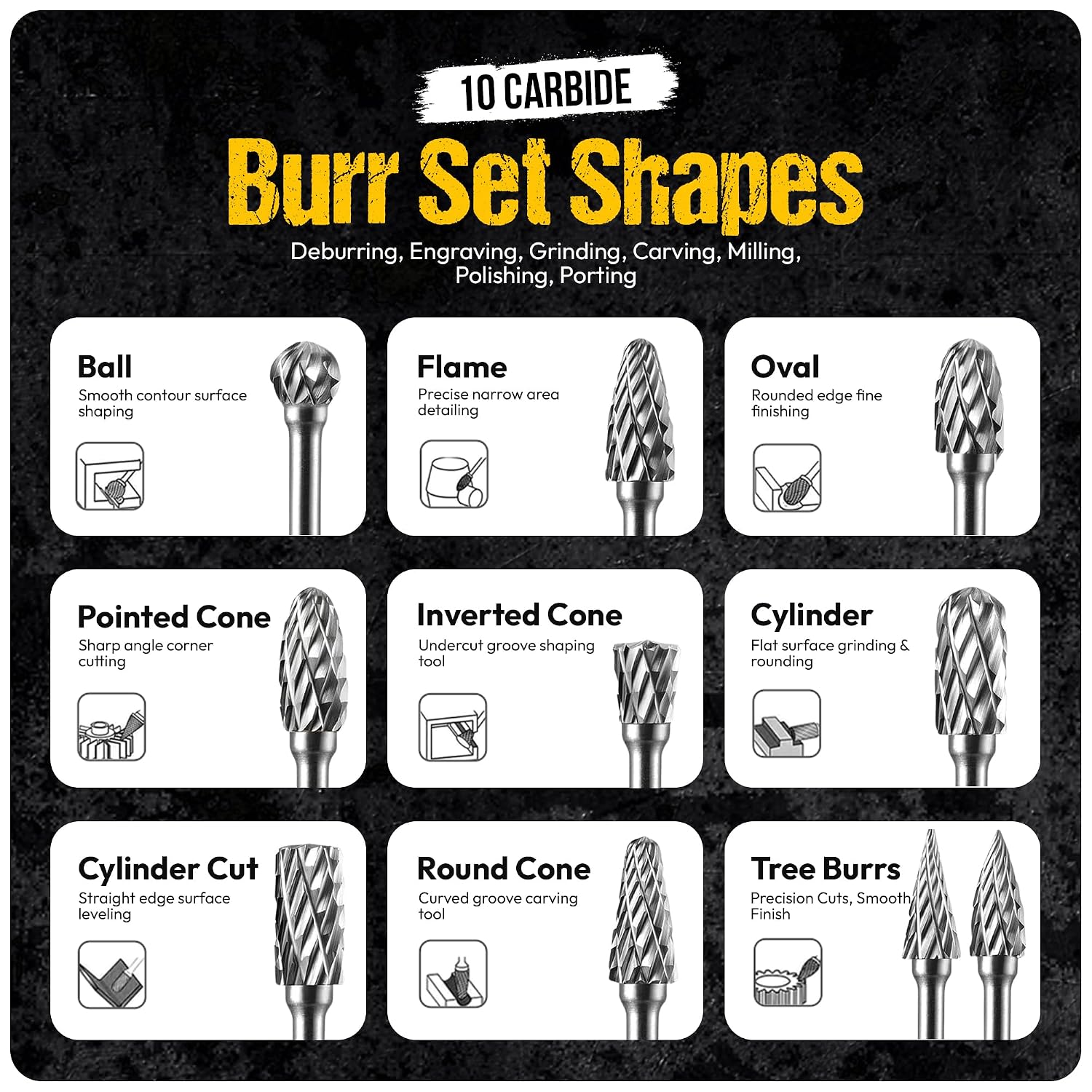 10Pcs Carbide Burr Set - 1/8" Shank Tungsten Die Grinder Bits, Double Cut - Compatible with Dremel & Milwaukee - Cutting, Engraving, Deburring - Rasp Accessories - Metal, Steel, Aluminum