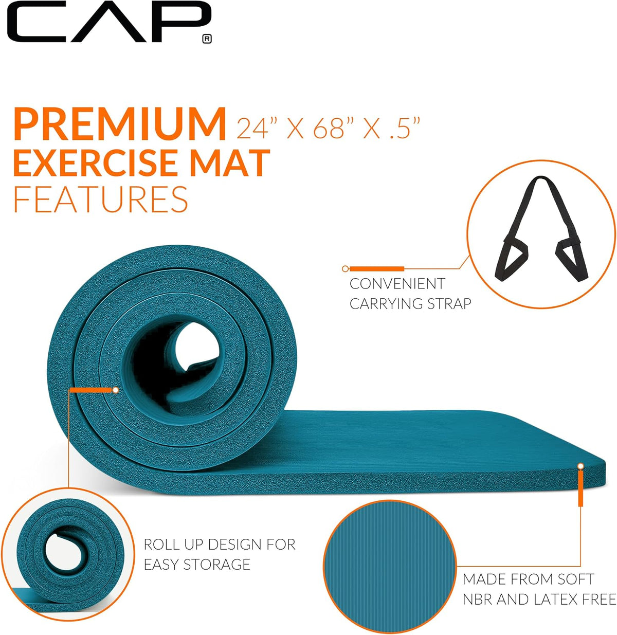CAP Barbell 1/2-Inch High Density Exercise Yoga Mat with Strap | Multiple Options