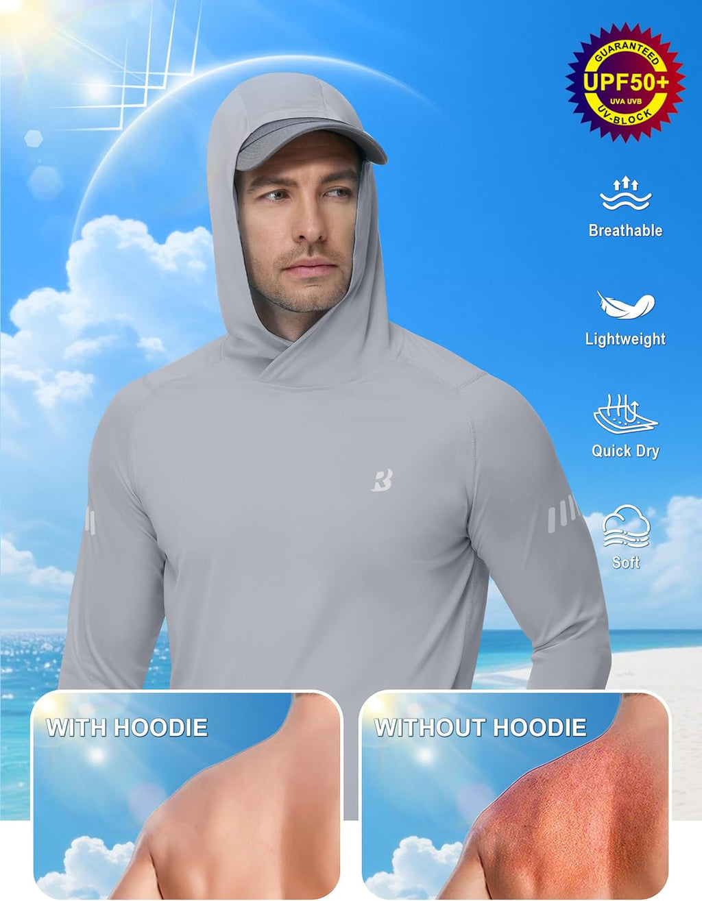 Roadbox Men's UPF 50+ Sun Hoodie, UV Long Sleeve Fishing Shirts Rash Guard
