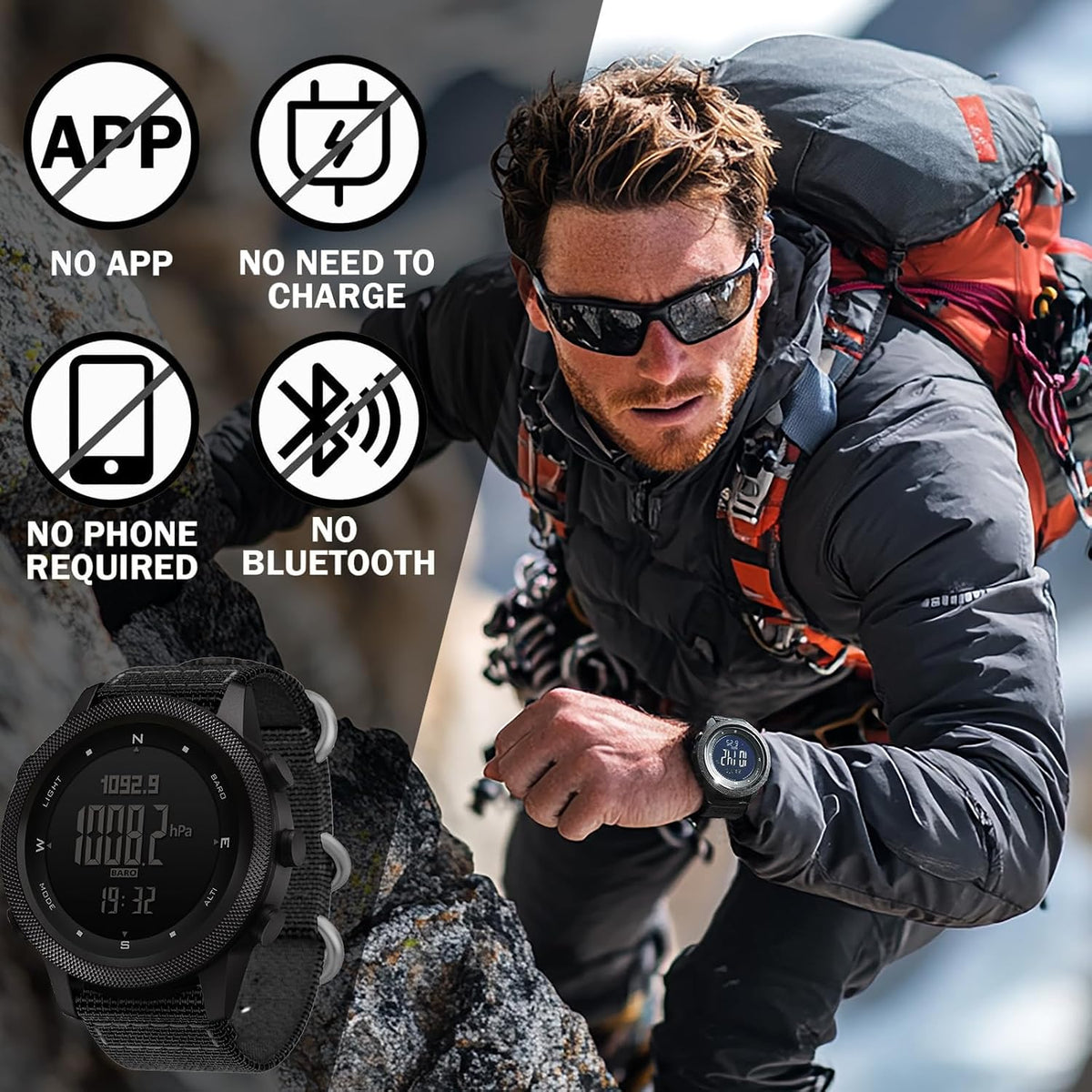 NORTH EDGE Military Watch for Men Large Face Tactical Survival Digital Wrist Watch with Altimeter, Compass, Barometer, Waterproof, Pedometer for Outdoor Sports & Hiking (Apache)