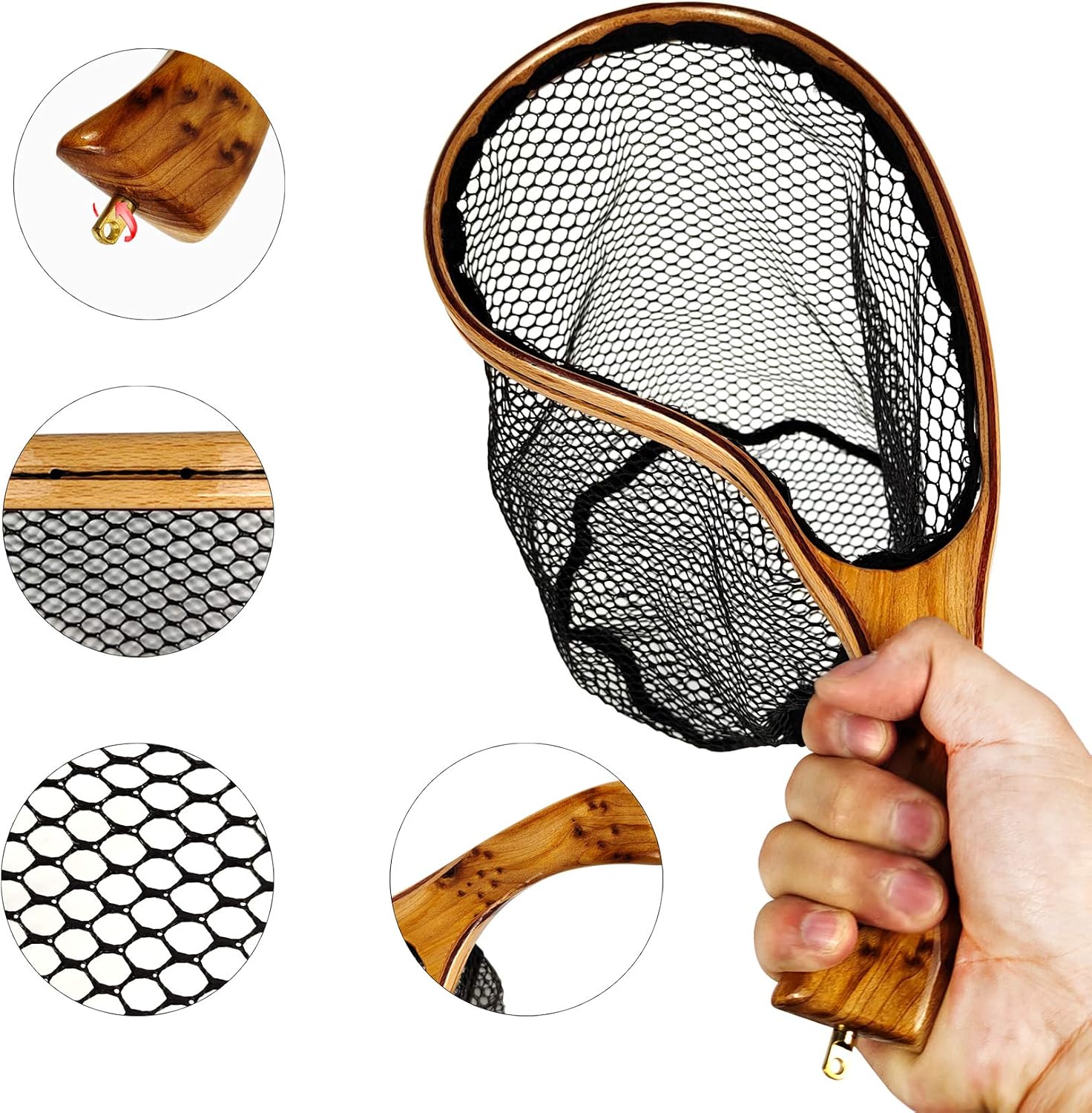 Aventik Fly Fishing Landing Net for Trout Soft Rubber Ghost Mesh Catch and Release Wooden Frame Lightweight and Tangle-Free
