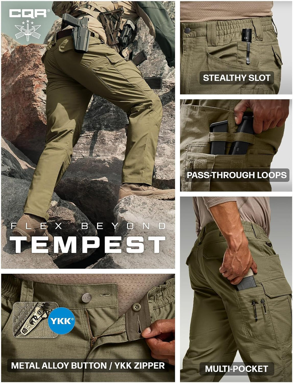 CQR Men's Flex Stretch Tactical Pants, Water Resistant Ripstop Cargo Pants, Lightweight EDC Outdoor Work Hiking Pants