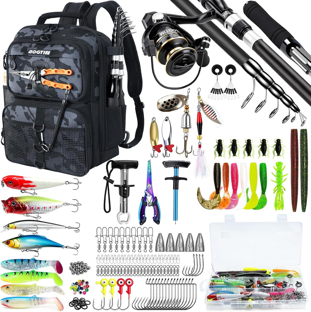 Fishing Backpack with Fish Rod & Lures Kit Lightweight 25L Tackle Bag with Fishing Gear and Tackle Boxes, Fish Gifts for Men Woman-Black Camo Backpack