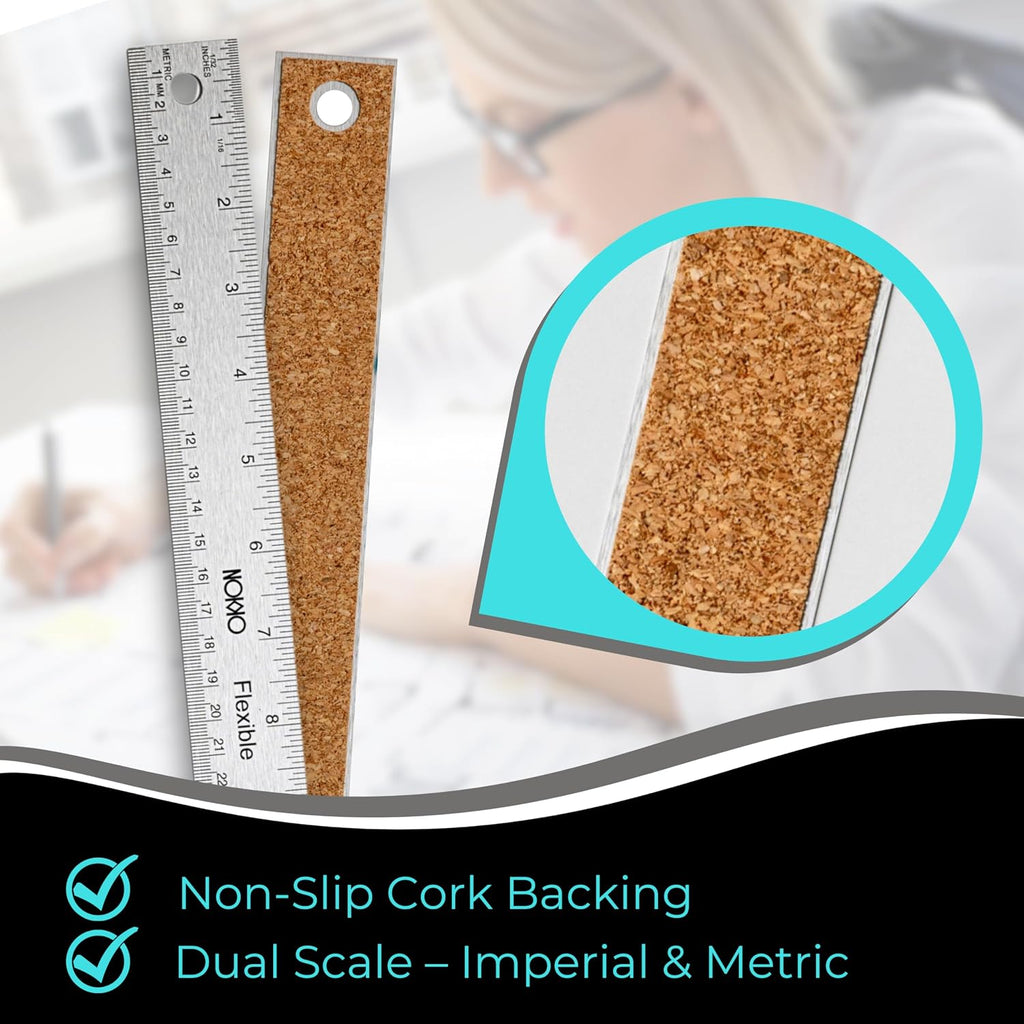 18 Inch Metal Ruler with Cork Backing, Stainless Steel Ruler, Pack of 2