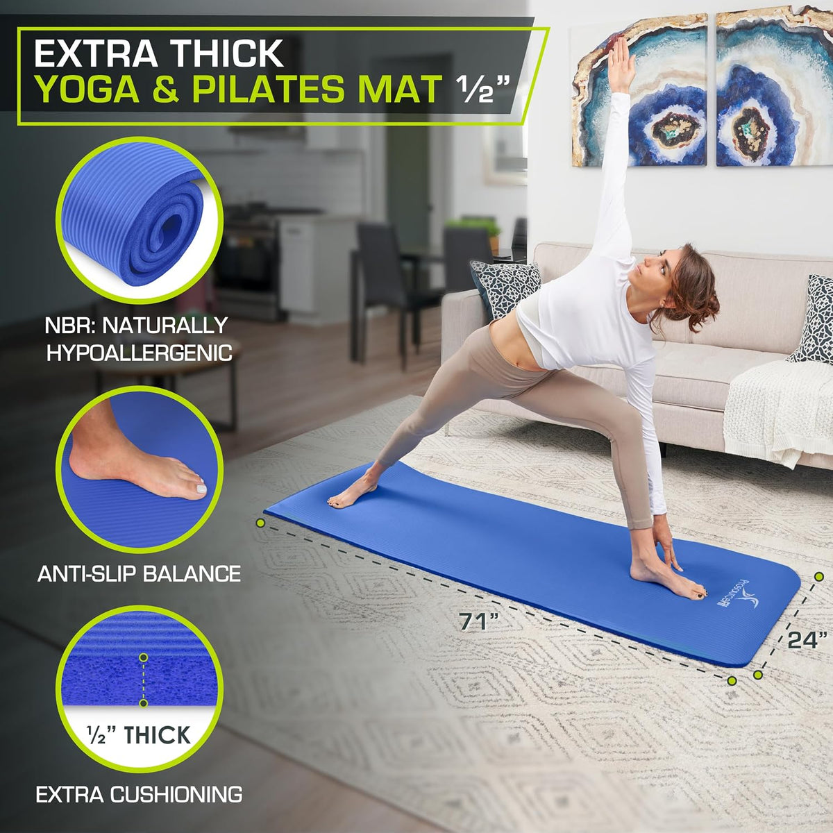 ProsourceFit Extra Thick Yoga and Pilates Mat, 71-inch Long High Density Exercise Mat with Comfort Foam and Carrying Strap