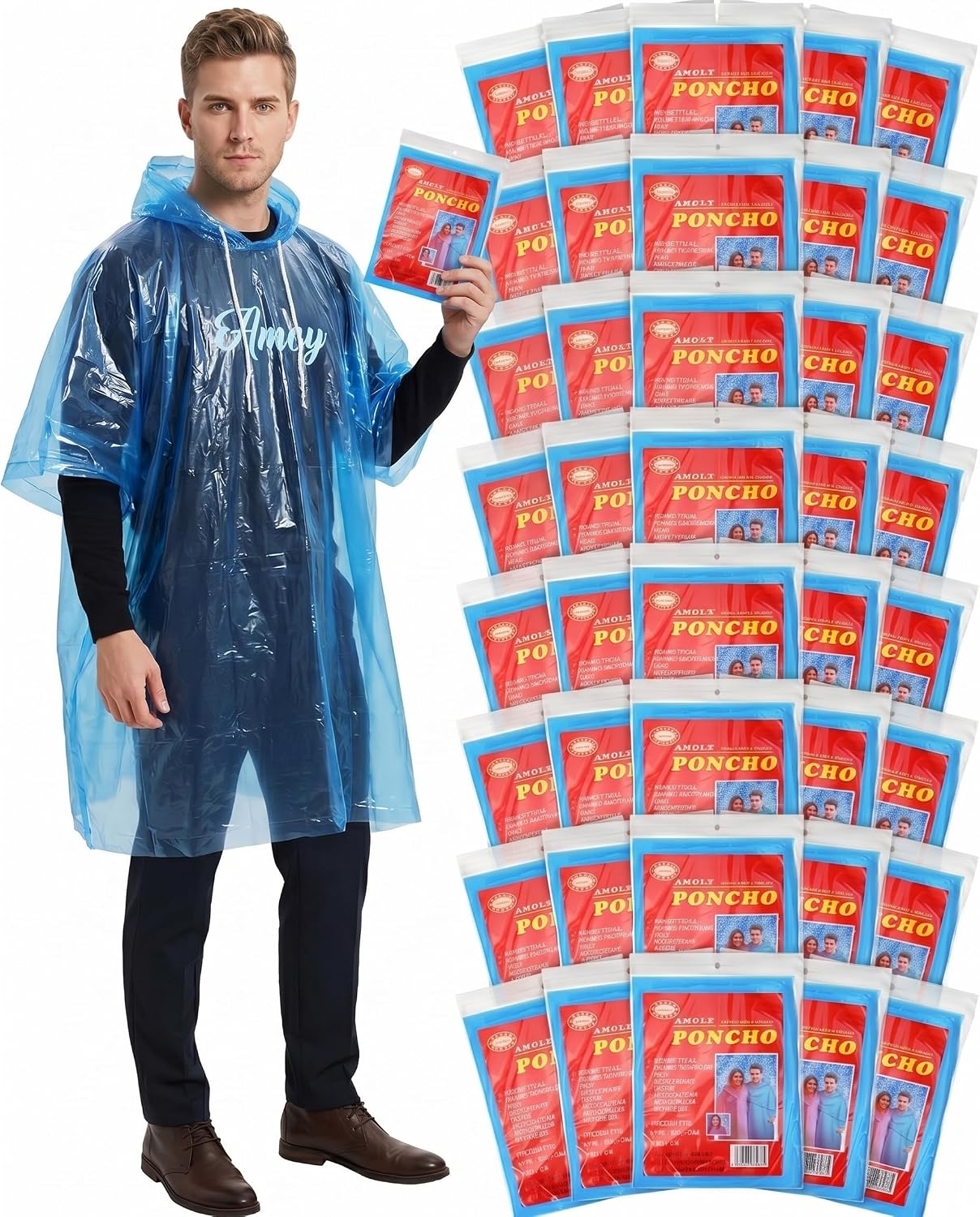 Tarpop 40 Pack Disposable Rain Ponchos Adult Drawstring Hood