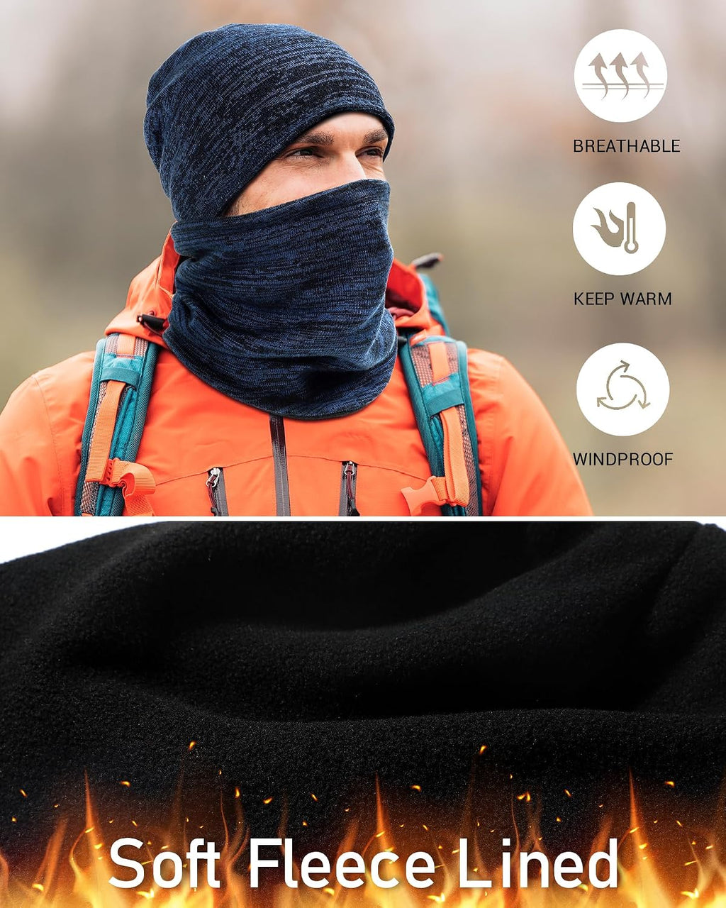 Winter Beanie Hat Scarf Set for Men Women Fleece Lined Warm Windproof Ski