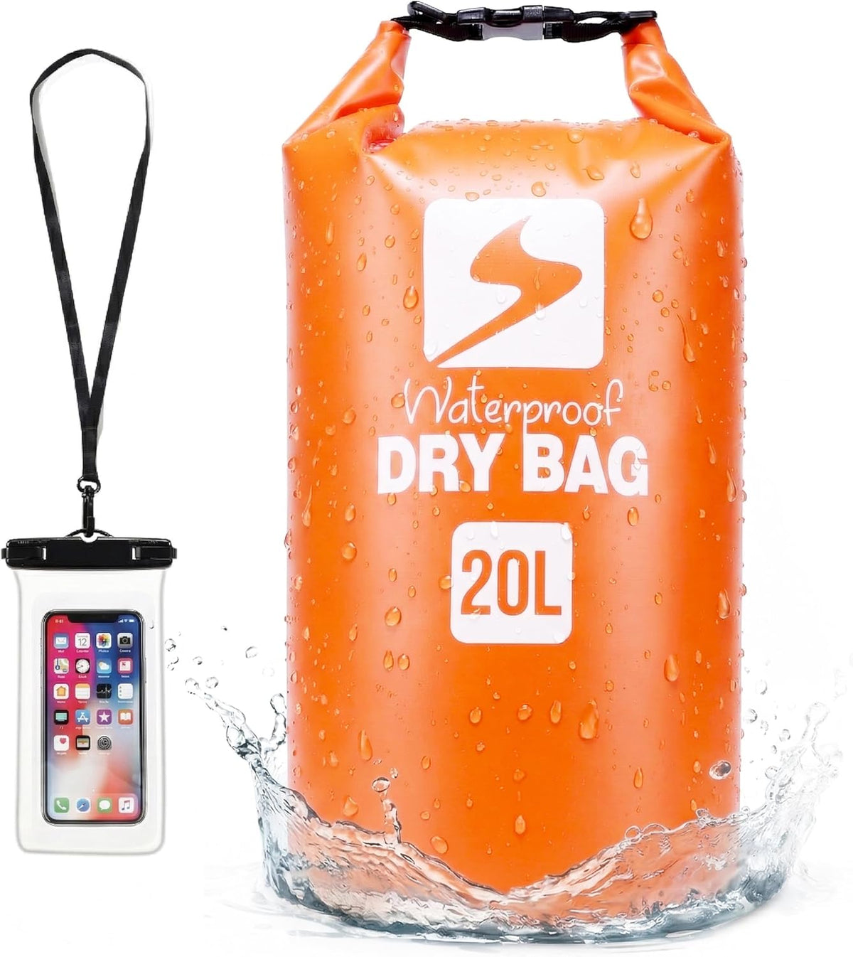 Soulsfeng Waterproof Dry Bag Backpack, Roll Top Floating Dry Storage Bag with Phone Case, Lightweight Dry Sack for Kayaking, Boating, Beach, Travel, Camping 20L, Black
