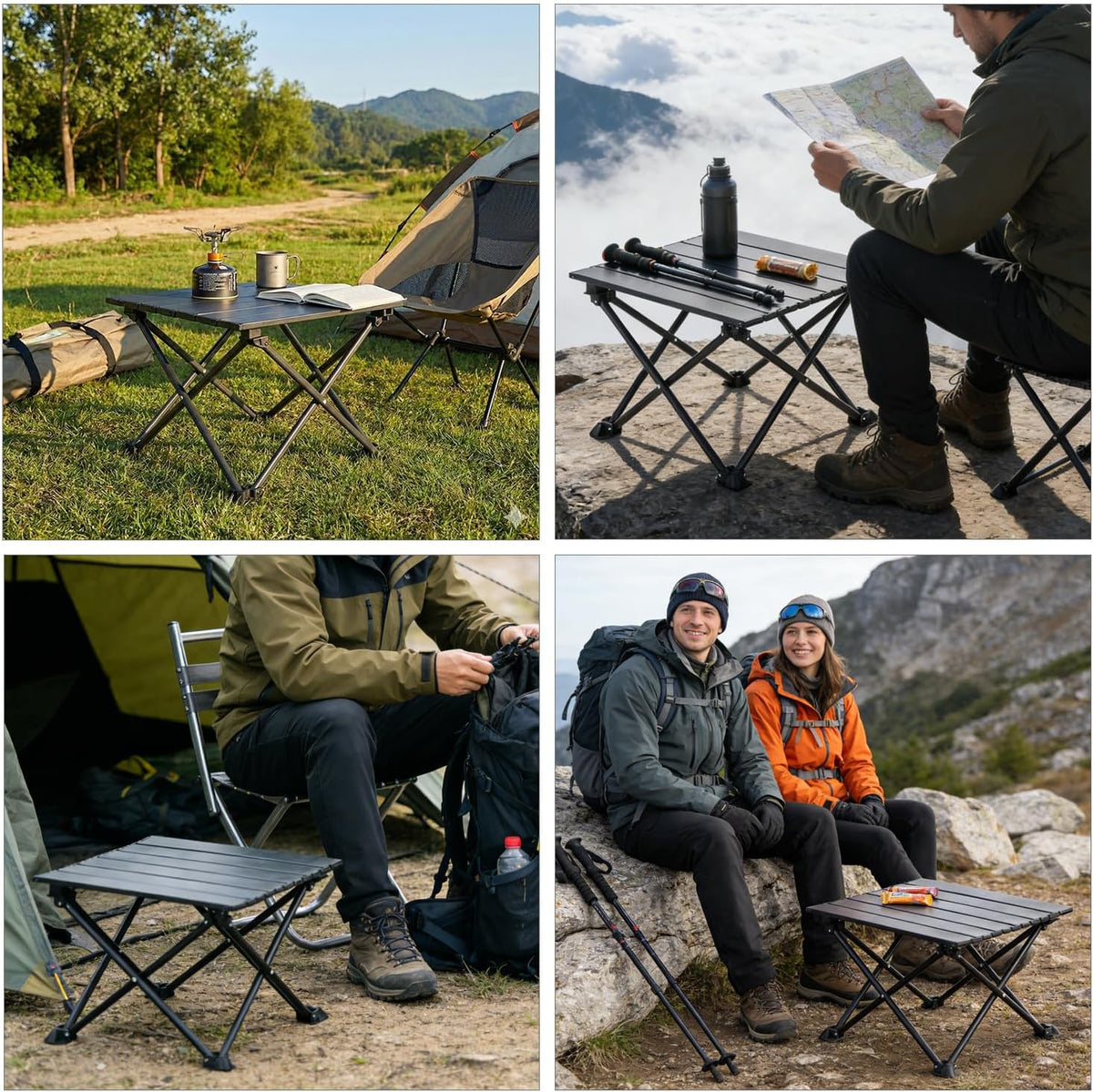 Wind Tour Roll-Up Camping Table, 4-Person Lightweight Portable Outdoor Table with Carry Bag for Picnics BBQ Travel (15.7”x13.7”x11” Black)