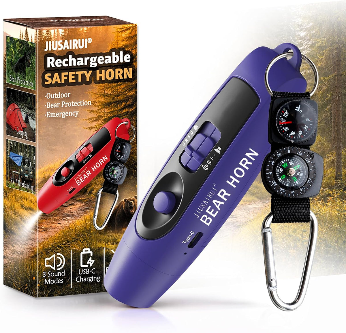 JIUSAIRUI 120dB Electronic Air Horn with Compass & Thermometer- Bear Horn to Scare Bears - Self Defense for Hiking