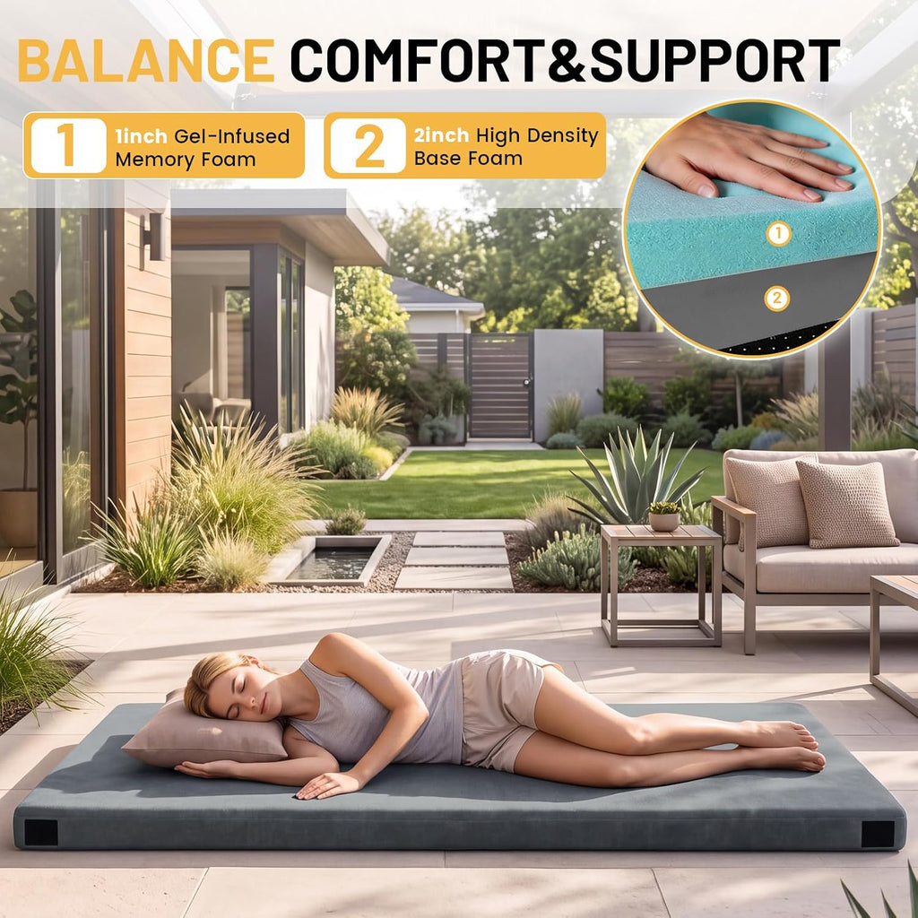Memory Foam Camping Mattress Pad 3 inch,CertiPUR-US Sleeping Mat with Non-Slip Bottom,Portable Roll up Mattress Mats for Camping,Tent,Treavle,Car,Floor Bed,Dark Grey