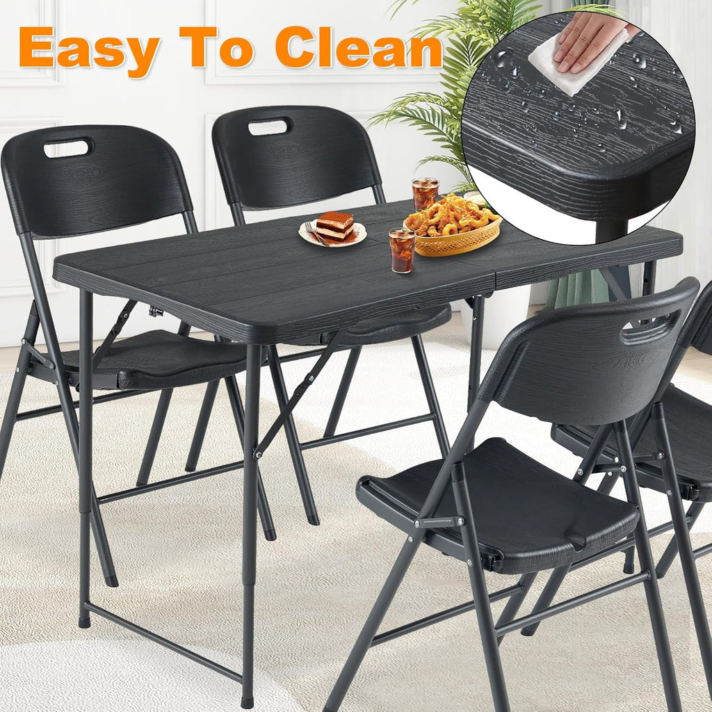 4ft Folding Table, Portable Fold-in-Half Adjustable Height Utility Table for Indoor/Outdoor Use, Durable HDPE & Steel, Stable & Lightweight, Multi-Purpose, Black Woodgrain