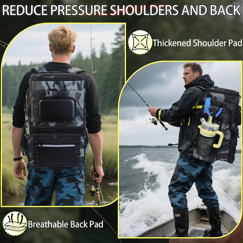 Fishing Backpack with Rod Holder, Large 50L Tackle Bag Water Resistant Tackle Backpack Heavy Duty Fishing Bag Gift for Men Woman
